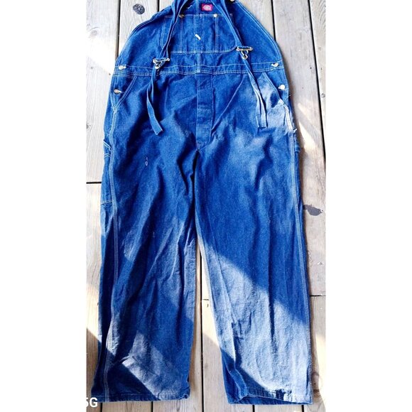 Vintage Dickies Denim Bib Overalls 50x 30 Carpenter Blue Work Button Fly Trucker - Picture 3 of 6